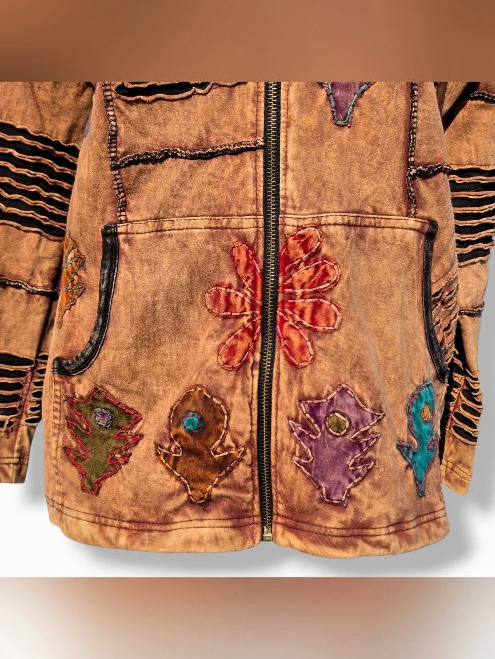 Rising International Vintage Patchwork Boho Floral Zip-Up Hooded Jacket XLarge